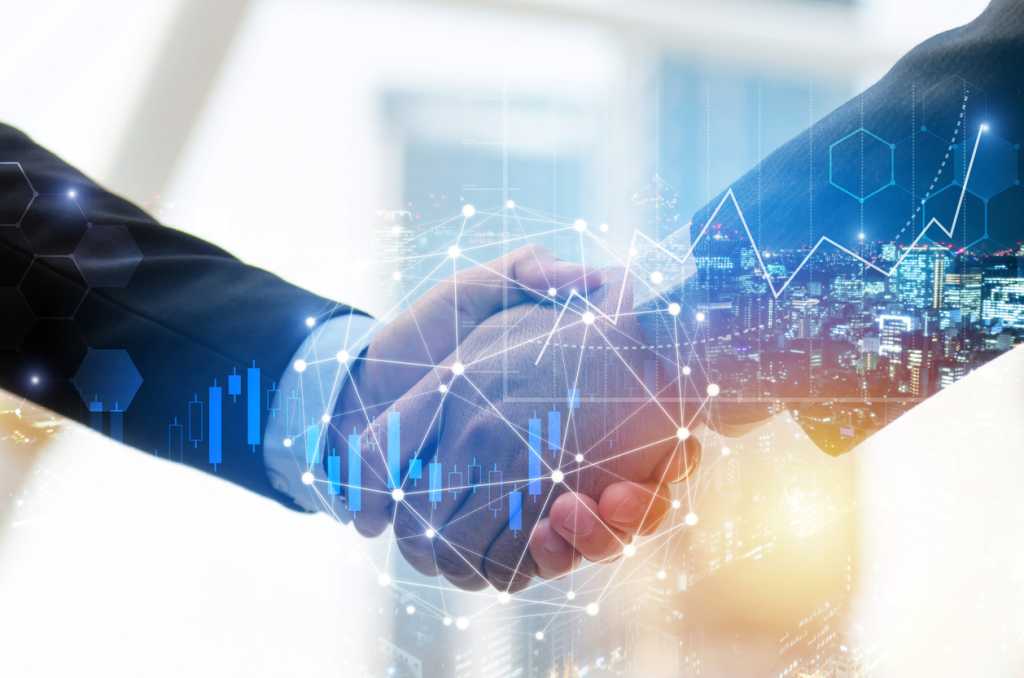 Business man investor handshake with global network link connection