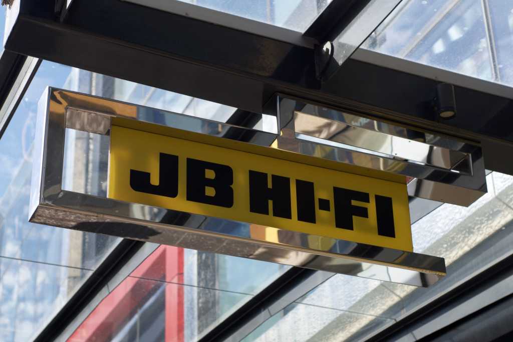 JB Hi-Fi sign hanging in front of a store in the Queenstreet mall in Brisbane. JB Hi-Fi is Australian biggest home entertainment retaile