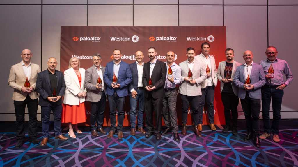 A photograph of all the recipients of awards at Palo Alto Networks' NextWave Partner Gala Dinner Awards.